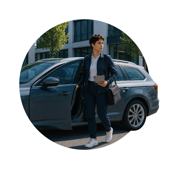 Flexible Mobilität im Unternehmensalltag: Fahrzeuglösungen und Services für effizientes Fuhrparkmanagement. Person steigt mit Tablet aus einem Firmenfahrzeug aus und steht für moderne Mobilität und Fuhrparkmanagement