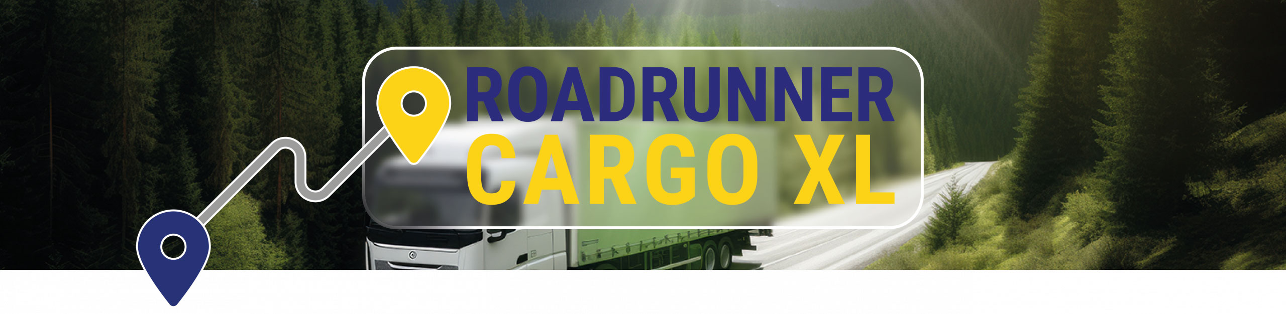 Roadrunner Cargo XL – LKW auf Waldstraße mit Logo und Standort-Pins