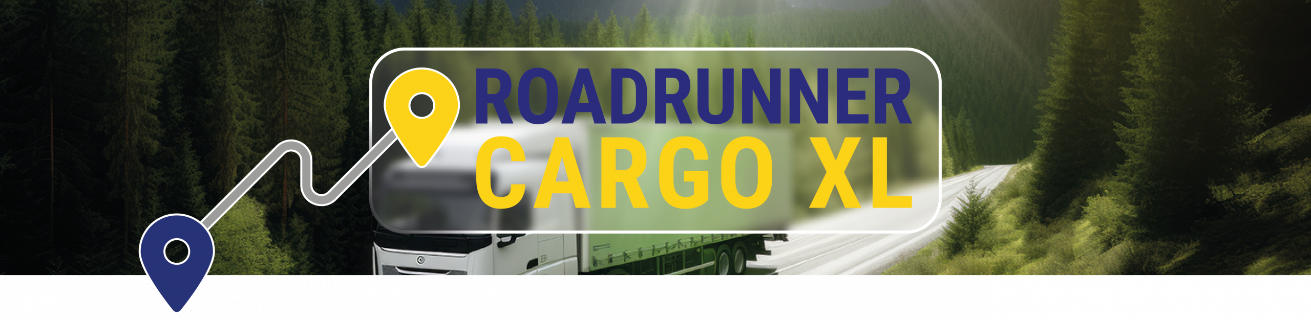 Roadrunner Cargo XL: Zuverlässiger Schwertransport auf jeder Route – sicher, schnell und effizient. Roadrunner Cargo XL – LKW auf Waldstraße mit Logo und Standort-Pins