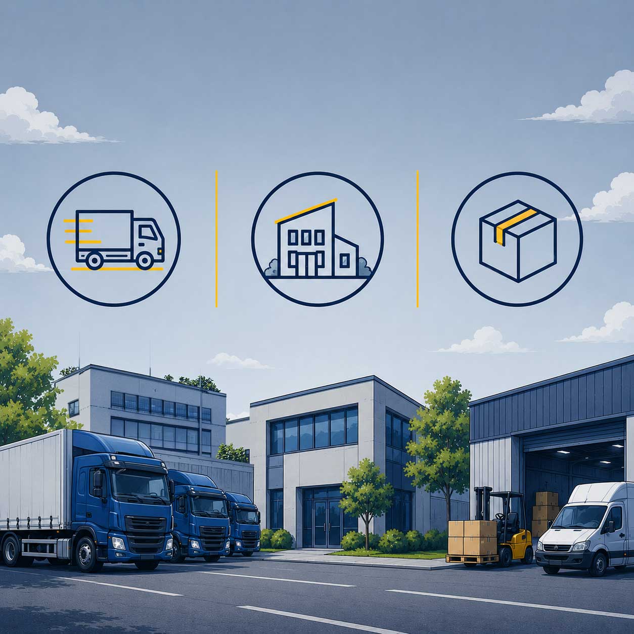 Logistikzentrum mit Lkw, Lieferfahrzeugen und Lager als Symbol für nachhaltige Transport- und Logistiklösungen.