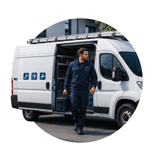 Servicetechniker mit Werkzeugkoffer vor einem ausgestatteten Servicefahrzeug – zuverlässiger Handwerker- und Wartungsservice vor Ort. Techniker im Arbeitsanzug vor einem Servicefahrzeug bei einem professionellen Handwerker- und Wartungseinsatz
