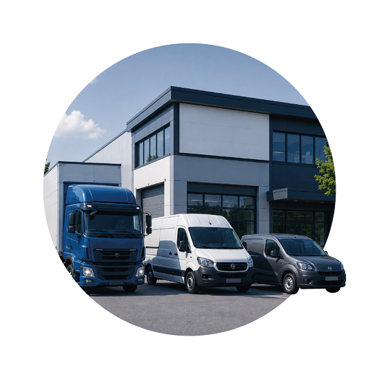 Moderner Unternehmensstandort mit Transporter- und Servicefahrzeugen – professionelle Infrastruktur für Kundenservice, Logistik und technische Dienstleistungen. Modernes Firmengebäude mit mehreren Servicefahrzeugen für Logistik, Handwerk und technischen Außendienst